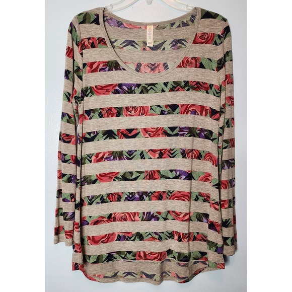 LuLaRoe Tops - LuLaRoe Gray Rose Floral Stripe Long Sleeve Scoop Neck Top Shirt Size S
